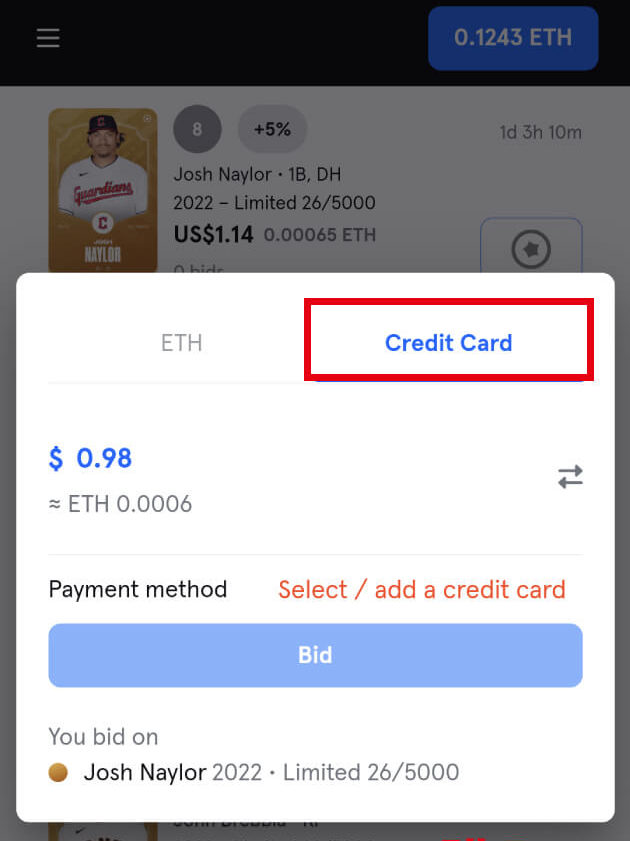 Sorare MLB選手カード購入「New Card Auction」クレジットカード選択