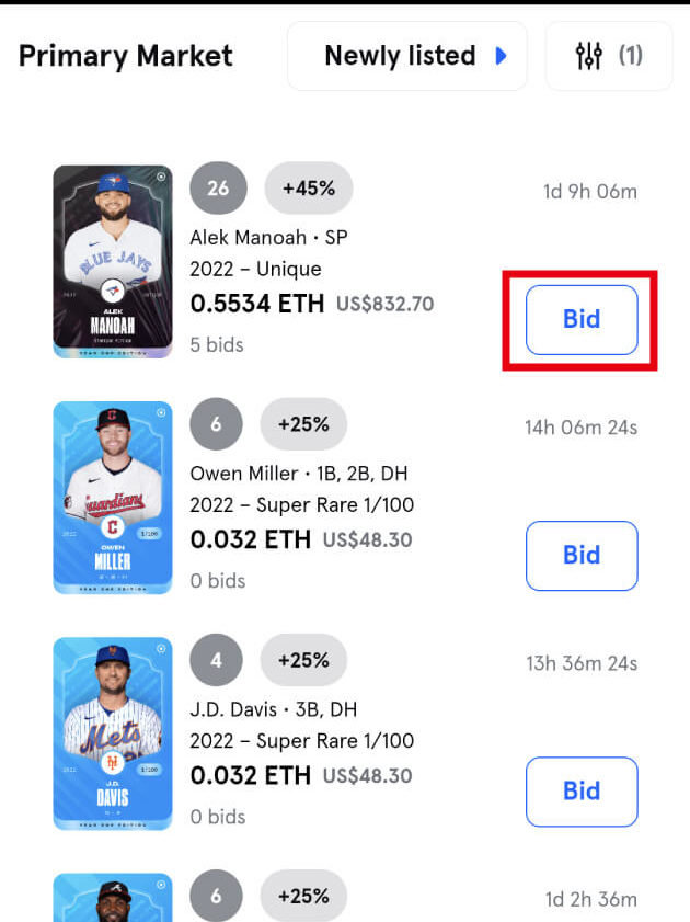 Sorare MLB選手カード購入「New Card Auction」1