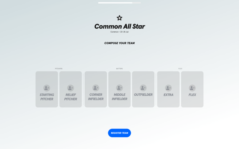 Sorare MLBのトーナメントのチームを編成する画面