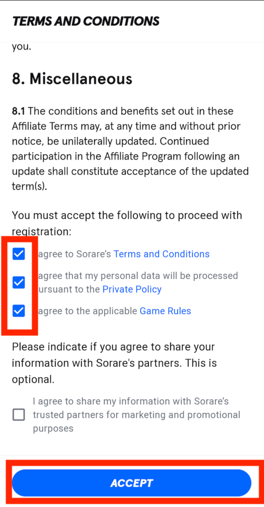 Sorareアカウント登録時の注意書きと同意