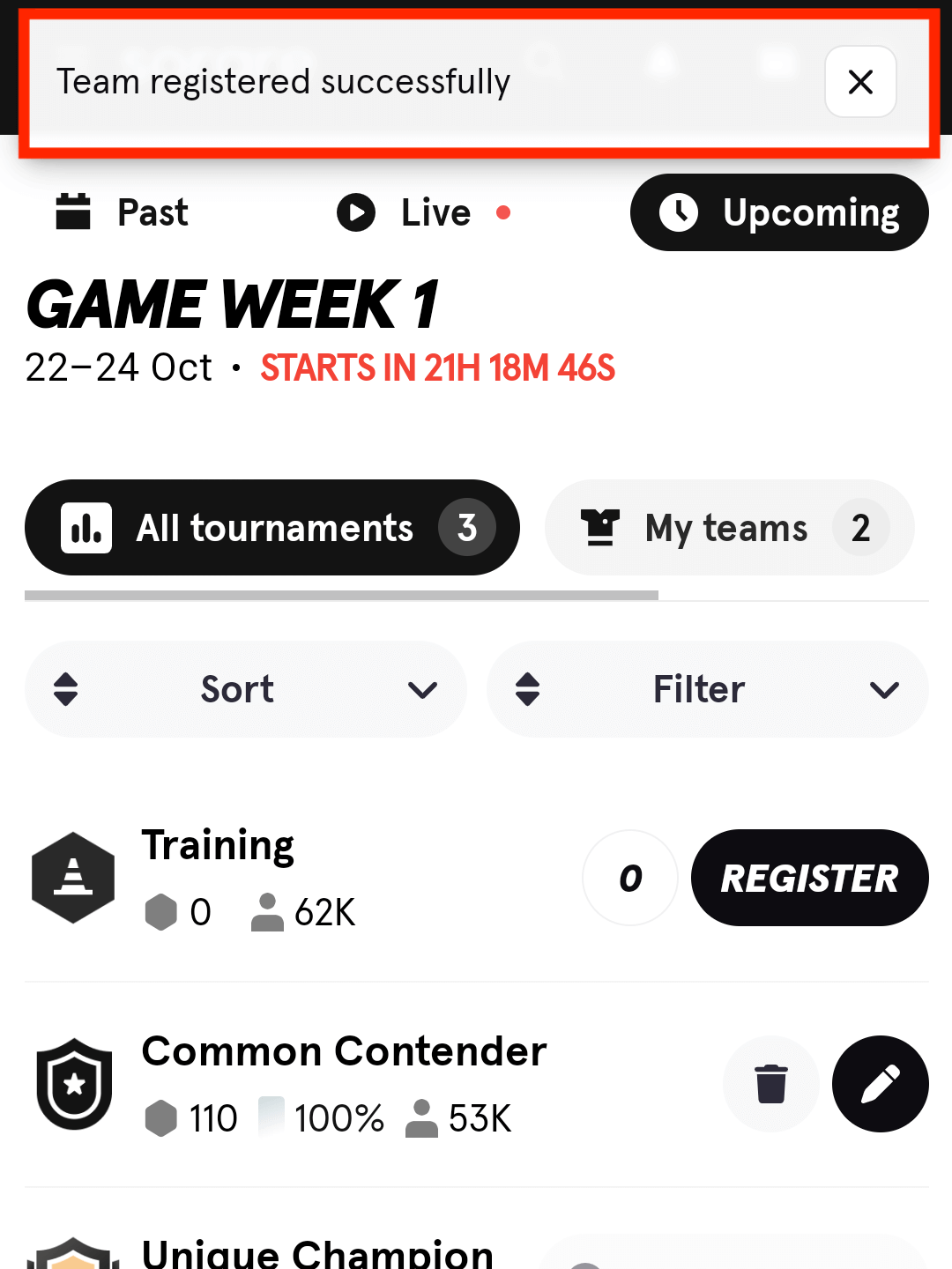 Sorare NBA トーナメント登録完了ポップアップ