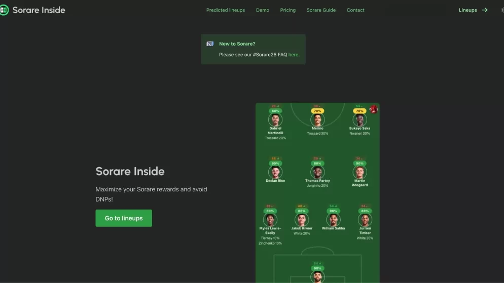 Sorare Insideで選手の出場予想やラインナップを確認している画面
