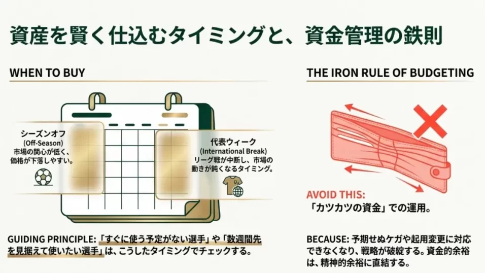 Sorareで選手を購入するタイミングと無理のない資金管理の考え方を説明した図解
