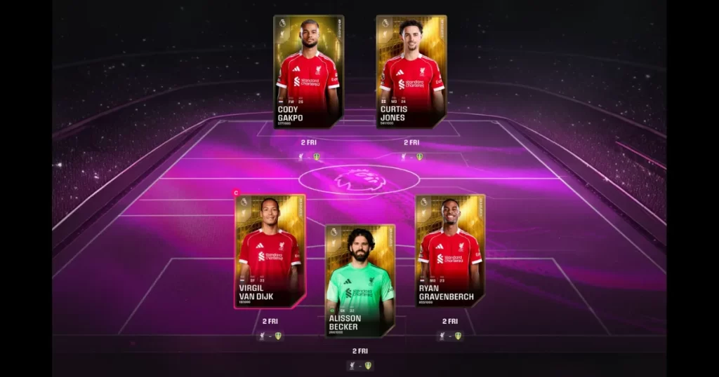 Sorareで同一クラブの選手を組み合わせたスタック構成のラインナップ例
