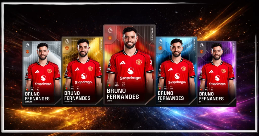 Sorareの5つのカードレアリティ(Common・Limited・Rare・Super Rare・Unique)の違いを並べて比較した図