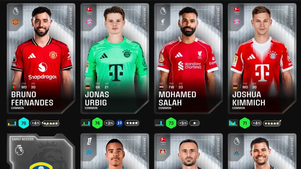 Sorareで無料配布されるコモンカードの一覧画面のスクリーンショット。登録後に受け取れるコモンカードの例が分かる。