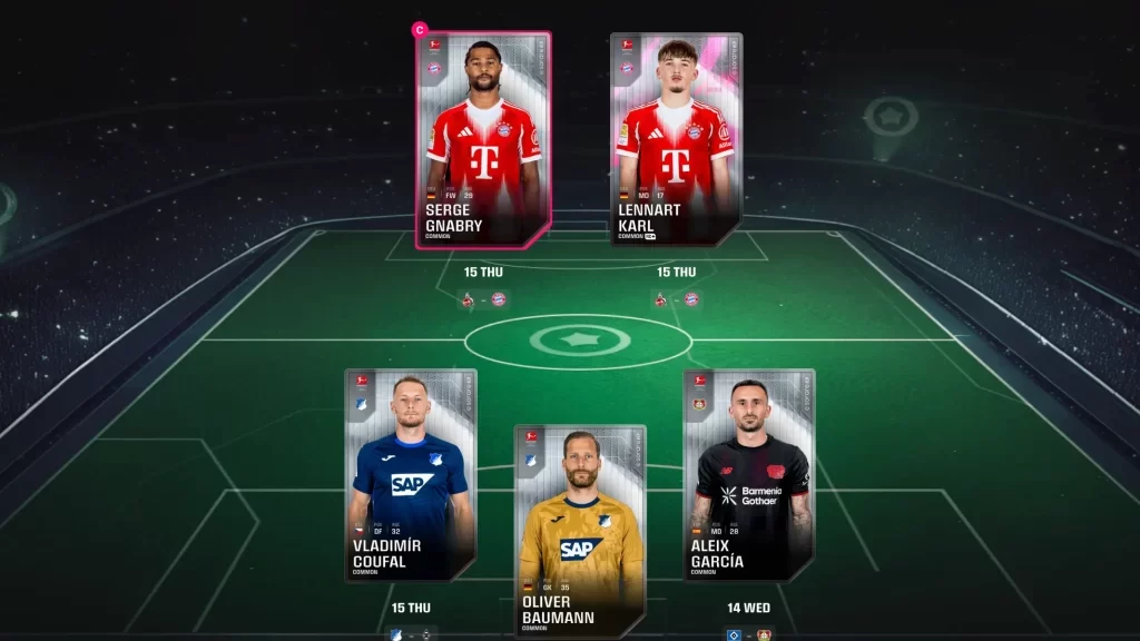 Sorareの無料コモンカードのみで編成したチーム画面のスクリーンショット。登録後すぐにコモンカードでプレイできることが分かる。