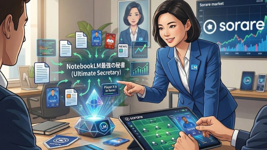 モダンなオフィス環境で、自信に満ちた笑顔の女性が、青いスーツに「LM」のロゴピンを着けて、空中に浮かぶ複雑なホログラムデータネットワークを指差して説明している。ホログラムには、大きな日本語と英語のテキスト「NotebookLM最強の秘書 (Ultimate Secretary)」が表示され、その周りにドキュメント、Sorareロゴ入りの選手カード、成長を示すチャート、ニュース、そして「Player X is in form!」という吹き出しがデータフローの矢印で繋がって浮かんでいる。前景の木製デスクでは、後ろ姿の男性が「Sorare」ロゴが表示されたサッカーゲームのピッチとチーム構成が表示されたタブレットを操作し、手に選手カードを持っている。デスク上には、光る結晶状のホログラムデバイス、手帳、ペン、小さなSorareフラッグがある。背景には、壁に掛けられたSorare市場チャートを表示する大きなモニター、別の「Sorare」タブレット、そして女性のポートレート写真がある。観葉植物がシーンに彩りを添えている。